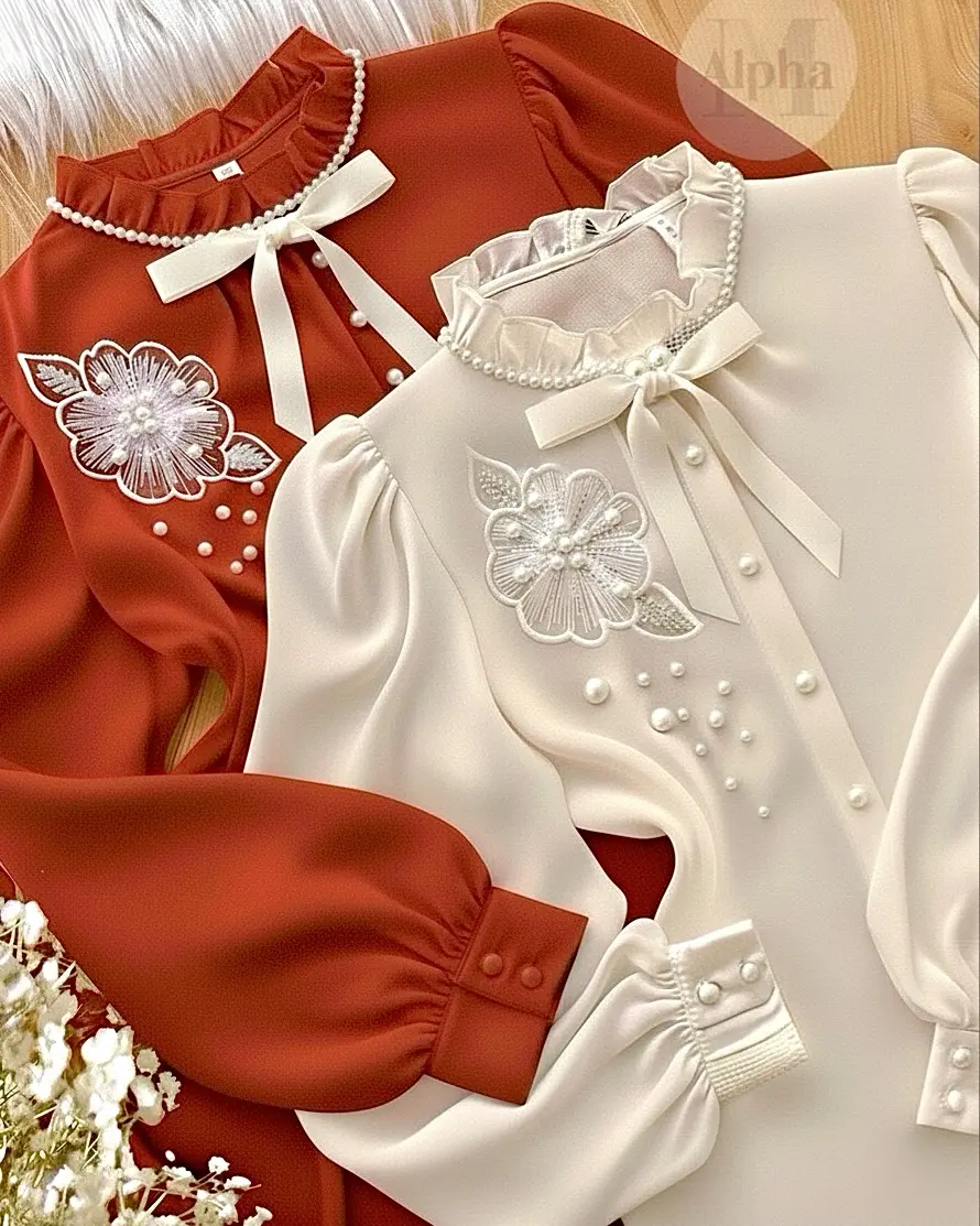 شومیز کارشده یقه پاپیون h3001