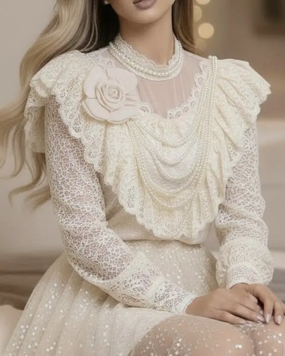 بلوز گیپور عروسکی مروارید دار h3005